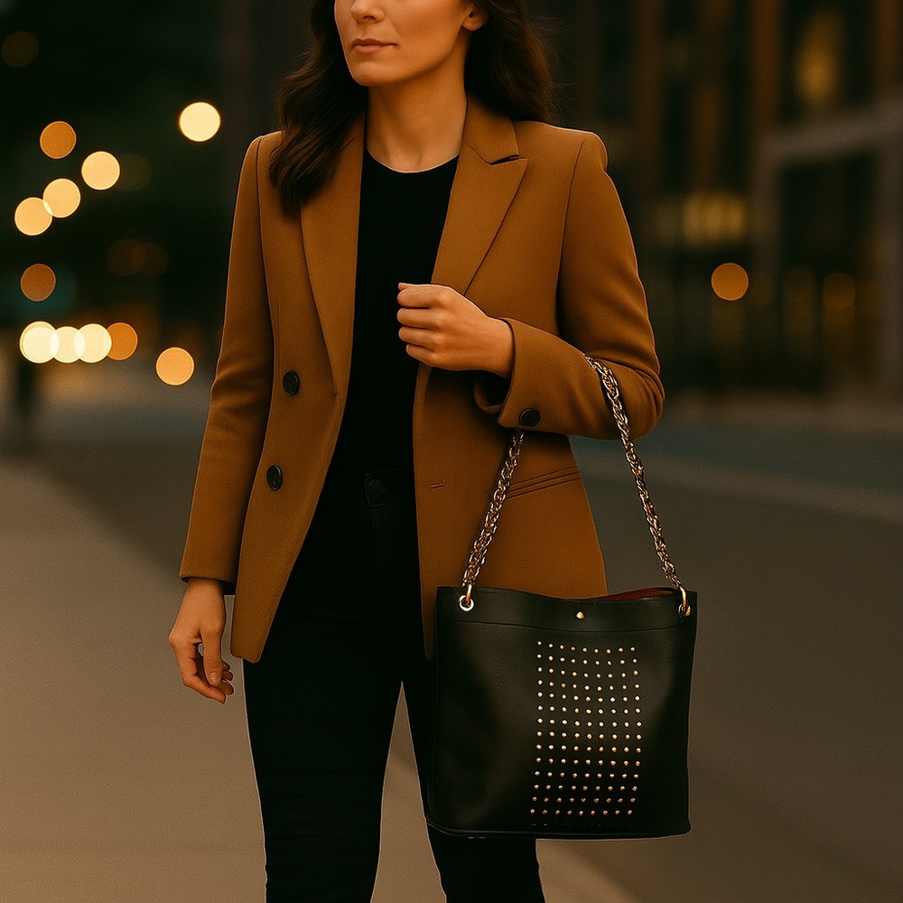 Sharif Black Studded Leather Tote | Dual Strap Design | Removable Pouch